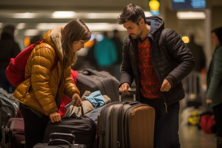 Focused young couple sorting their luggage amidst the bustling atmosphere of an airport terminal.の素材