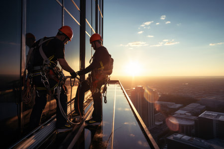 construction Workers in helmets collaborating at dizzying heights, with a breathtaking sunset reflecting off a skyscraper's glassの素材