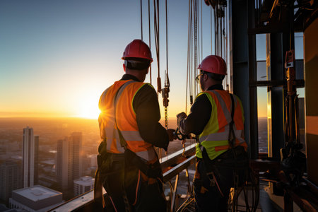Construction workers adjusting equipment high above the city during a radiant sunsetの素材