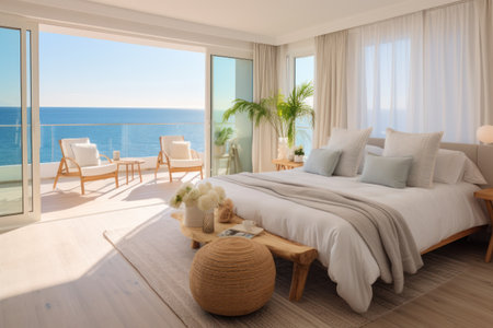 Elegant sea view bedroom interior with modern furnishings, tranquil color palette, and expansive ocean horizon backdrop.の素材