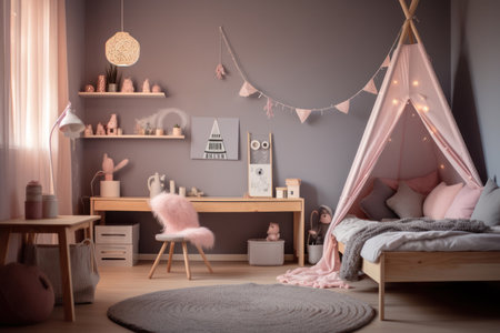 Dreamy and modern kid's room interior with teepee, soft hues, and chic decor elements.の素材