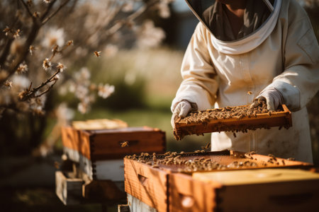 Beekeeper attentively inspecting honeycomb frame amidst blooming trees, golden sunlight highlighting diligent bees at work.の素材