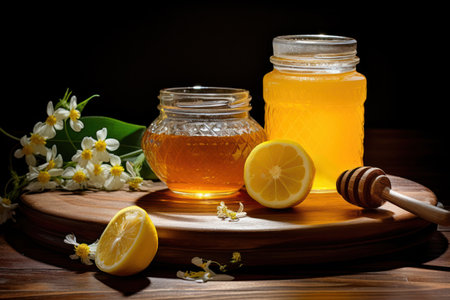 Golden honey in ornate jars, illuminated on a rustic wooden platform with fresh lemon slices and delicate white blossoms, conveying natural sweetness and warmth.の素材