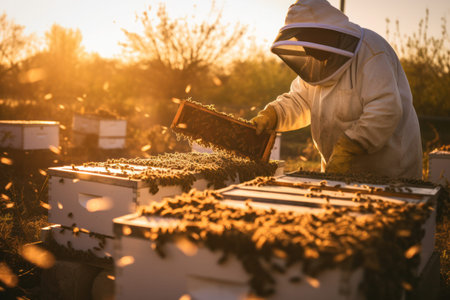 Beekeeper inspecting hive frame amidst buzzing bees, bathed in the golden light of the setting sun.の素材
