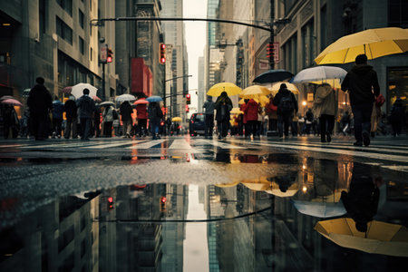 Pedestrians in outerwear with colorful umbrellas walking on city square between modern buildings in downpour overcast weather