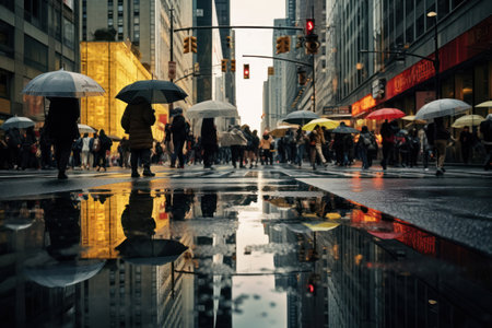 Crowd of people strolling under umbrellas on rainy city street with puddles on overcast gloomy autumn dayの素材
