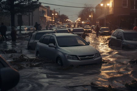 Cars stranded on flooded urban road along illuminated houses under sky at night in cityの素材