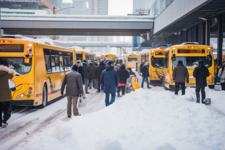 Unrecognizable people in warm clothes walking along stranded yellow buses on snowy road during wintertimeの素材