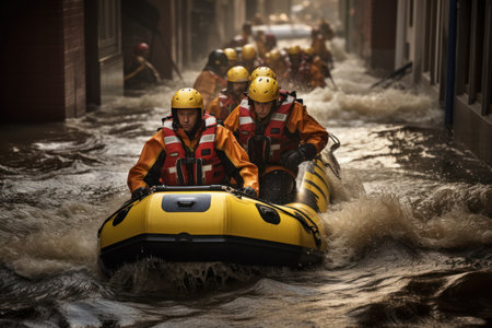 Serious group of professional lifeguards in helmets and life jackets riding motor boat in rippling water on flooded street while on rescue mission in extreme weather conditionsの素材
