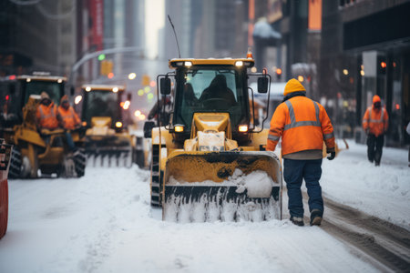 Back view of anonymous male worker in safety dress looking down while standing near operating snowplow and clearing snow fall blizzard on road along with coworkers against blurred buildings in daytimeの素材