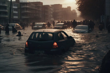 Stranded cars and people on flooded street along buildings in city at duskの素材