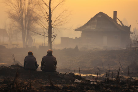 Back view of unrecognizable people sitting in front of aged old rural house near leafless trees and rough surface and foggy weather in evening time at forest against duskの素材