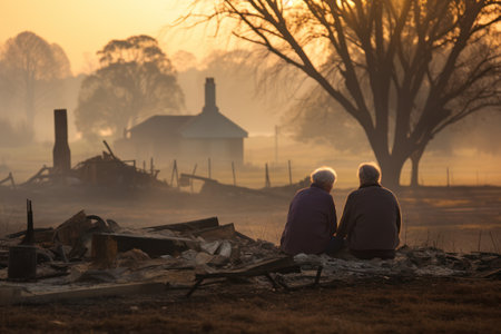 Back view of couple sitting on rough stones in forest with dry trees branches and near old rural house during foggy weather against cloudy sky at dusk time under leafless foliage in fall seasonの素材