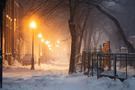 Sidewalk along row of illuminated street lights and bare trees in city during snowstorm at nightの素材