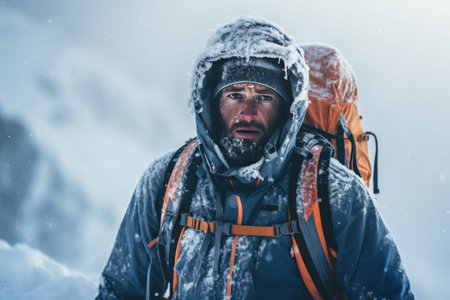 Portrait of confident bearded mountaineer in warm clothes with backpack looking at camera on snowy field against blurred backgroundの素材