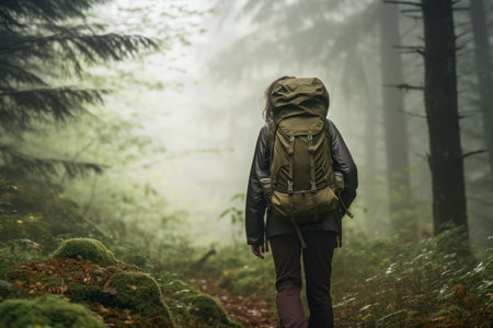 Back view of man hiker with backpack standing in green coniferous forest and exploring in jungle near small plants and moss growing on tree trunk in foggy weather at daytime during trip in forestの素材
