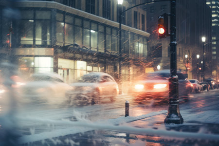 Blurred motion of cars driving on city street along buildings during snowstorm at nightの素材