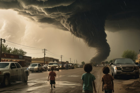 Back view of unrecognizable children standing on road watching large scary tornado destroying townの素材