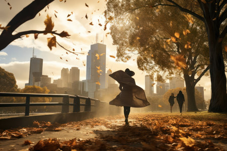 Back view of unrecognizable female in trendy outfit walking on pathway along trees and flying leaves in wind storm with cityscape in backgroundの素材