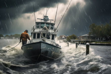 Back view of unrecognizable fisherman in warm clothes looking down while standing in rain and securing boat in stormy ocean tides near coast with buildings against foamy tides and dark overcast skyの素材