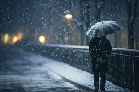 Back view of unrecognizable person in warm clothes with umbrella walking on street in snowy weather at nightの素材