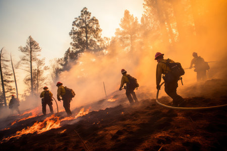 Back view of anonymous male firefighters in uniform looking away while standing on ashes terrain with hoses and dousing burning orange smoky flames near green trees under blue sky during forest firesの素材
