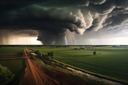 Twister tornado violently rotating with column and fluffy cumulus clouds while based away from green agriculture fields with trees buildings on roadway in sunny daylight against blurred sky and natureの素材