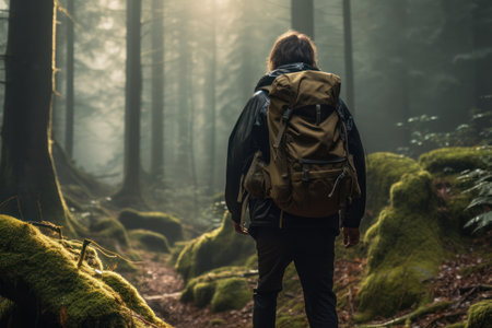 Back view of anonymous man tourist standing in green forest and exploring in jungle near small plants and moss growing on tree trunk in foggy weather forest through amazing nature in rainy seasonの素材