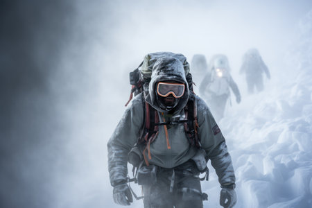 Anonymous male hiker in warm clothes and ski goggles with backpack walking on snowy mountain during trekkingの素材