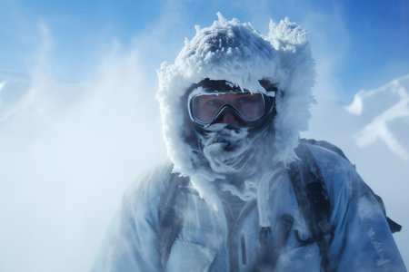 Mountaineer in full gear with protective glasses covered with frost looking at camera against blue sky with clouds during snowstormの素材