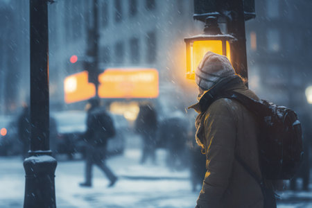 Side view of anonymous female in warm clothes and cap with backpack while walking on city street near glowing streetlamp and moving along pedestrians against blurred urban buildings in winter snowfallの素材