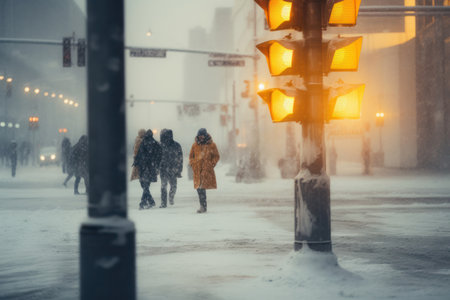 Anonymous female with scarf warm clothes and handbag looking at camera while standing with hands in pockets on sidewalk in snowfall near urban buildings with pedestrians and glowing streetlampsの素材
