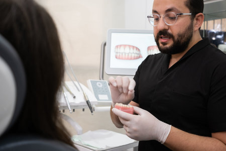 Bearded dentist with glasses explaining teeth treatment plan to female patient during appointment in...