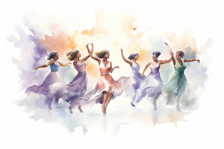 Watercolor illustration group of female dancers in flowing dresses, joyful dance in pastel hues.の素材