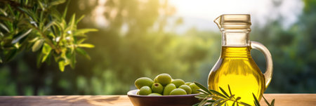 Elegant olive oil decanter and fresh olives on a rustic table against soft-focus orchard backdropの素材
