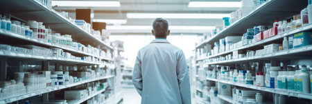Rear view pharmacist in white lab coat contemplating medication choices in pharmacy aisleの素材