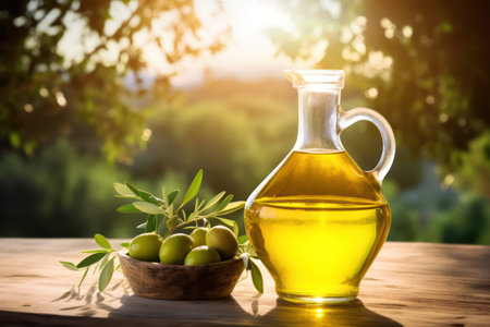 Golden olive oil in a classic pitcher with fresh olives on a rustic wooden table at sunset.の素材