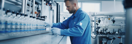 Focused industrial worker in blue uniform operating machinery on a water bottling production line.の素材