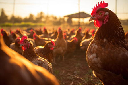 Golden light bathes a flock of chickens on farm, capturing the essence of pastoral life at sunset.の素材