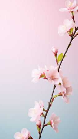 Elegant cherry blossom branch against a soft pink to blue gradient background.の素材