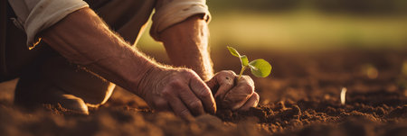 Hands planting a young seedling in fertile soil at dawn, symbolizing growth.の素材