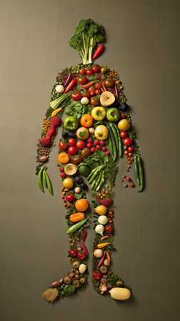 creative human silhouette made of assorted vegetables and fruits, importance of a balanced diet.の素材