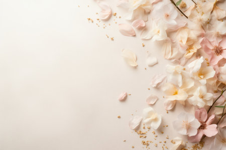 Soft scattered petals and blossoms on a neutral backdrop with gentle shadows.の素材