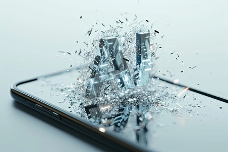 AI letters in a shattering effect on smartphone, impact of artificial intelligence on technology.の素材