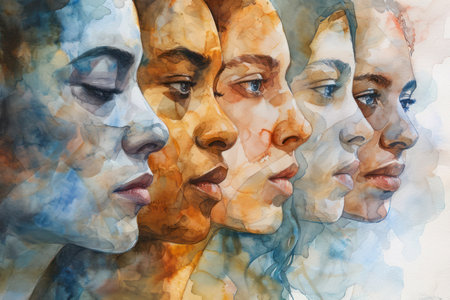 watercolor portrait of diverse human faces overlapping, emotions and colors, unity in diversity.の素材