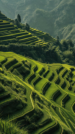 Sunlit Bali rice terraces, lush green patterns, serene landscape, agriculture in Indonesia.の素材
