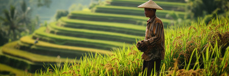 Farmer stands amid terraced rice fields in Bali, traditional farming, panoramic green landscape.の素材