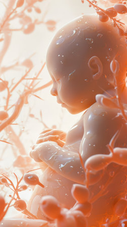 Ethereal 3D render of a fetus with a soft, glowing backdrop and translucent elements.の素材