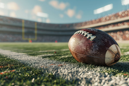 Close-up of a worn football on grass with goalposts in the background, stadium atmosphere.の素材