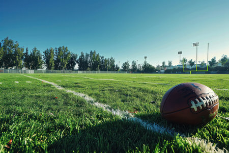 American football on the grass field with the goalposts in the background on a clear day.の素材